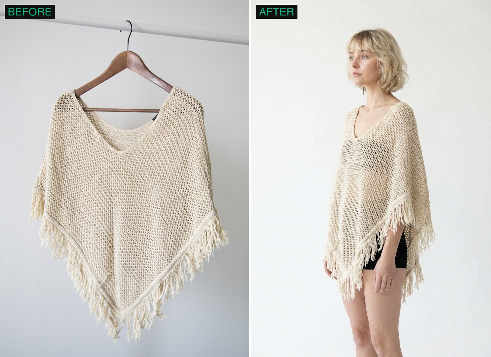 A poncho garment on a hanger next to the finished on-model NotShot render, side angle