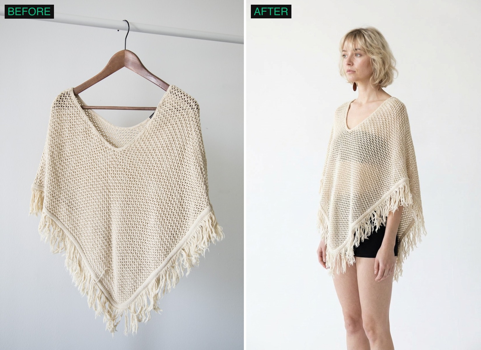 A poncho garment on a hanger next to the finished on-model NotShot render